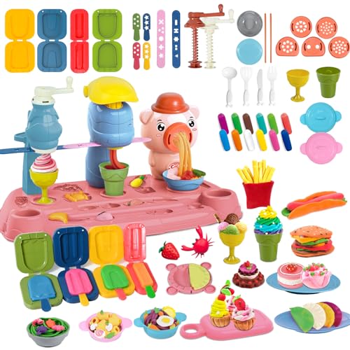 JONRRYIN Knete Zubehör Knete Dough Set für Kinder, 47 Stück Spielteig-Set mit 10 Modelliermasse, Nudel Eiscreme Spielset mit Knetwerkzeug, Spielzeug Geschenk Spielen mädchen Junge 2-10 Jahre (Pig1) von JONRRYIN