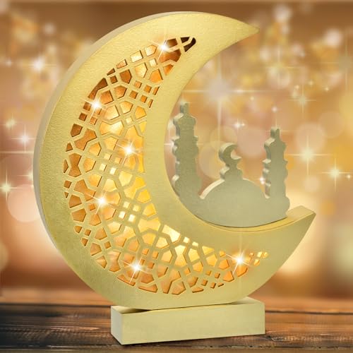 JONRRYIN Ramadan Deko Holz LED, Ramadan Lampe Holz Tischdekoration, Muslim Ramadan Lichterkette Dekoration für Eid Innen Zuhause Geschenk (Muslim) von JONRRYIN