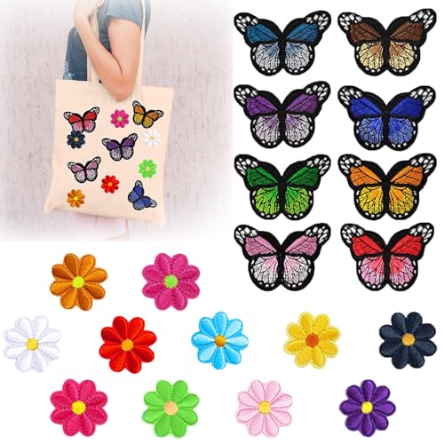 19 Stück Patches Flicken zum Aufbügeln Blumen und Schmetterling Bestickte Patches, für Kleidung, Rucksäcke, Jacken, Jeans, Hüte, Repariere das Loch von JOOTUEPO