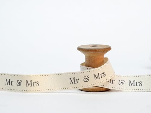 Bedrucktes Band mit Aufschrift "Mr & Mrs", 15 mm, 100 % natürliche Baumwolle, natürliches Band für Hochzeitsgeschenke und Gastgeschenke, bedrucktes Stoffband von JOOYZ