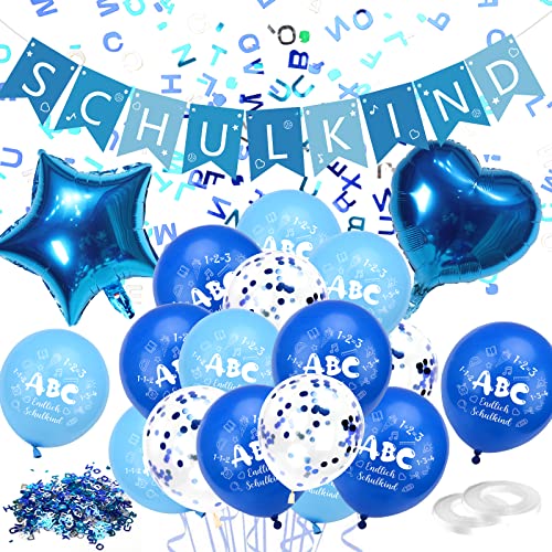 JORAKI Einschulung Deko, 37 Stück Einschulung Junge Deko, Schuleinführung Schulanfang Deko Junge mit Schulkind Girlande, ABC 123 Luftballons, Herz und Stern Folienballon, Buchstaben Konfetti, Blau von JORAKI