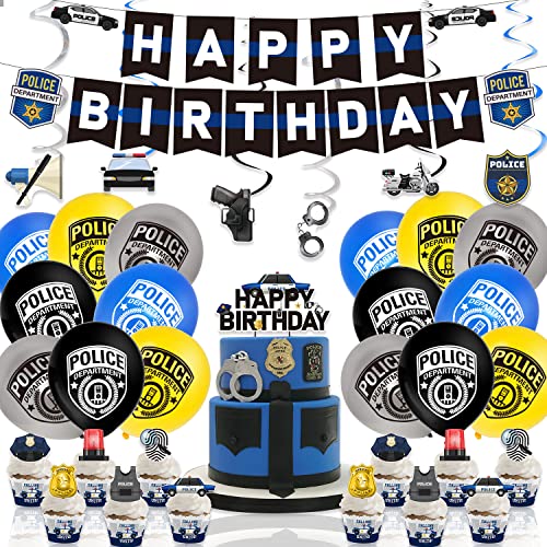 JORCEDI 36-teiliges Polizei-Themenparty-Dekorationsset, Polizei-Happy Birthday-Banner, hängende Wirbel, Kuchenaufsätze, Latex-Luftballons für Kinder, Jungen, Polizei-Themenparty, von JORCEDI