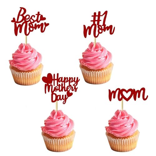 JORCEDI Cupcake-Aufsätze mit Glitzer, Aufschrift "Happy Mother's Day", beste Mutter, Kuchendekoration für Happy Mother's Day Motto-Party, Kuchendekorationen, Zubehör, Rot, 24 Stück von JORCEDI