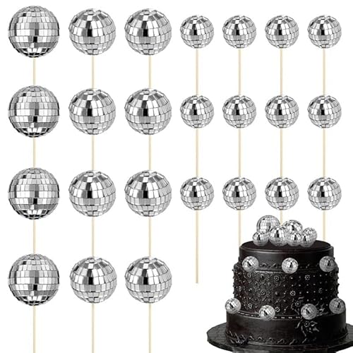 JORCEDI Discokugel-Kuchenaufsätze, Discokugeln, Cupcake-Topper, Partyzubehör für Kuchen, Dessert, Zubehör, Feier, Disco, Party, Ornament (Silber), 24 Stück von JORCEDI