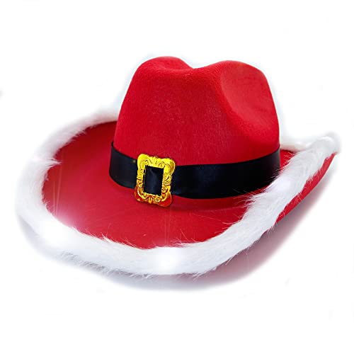 JORCEDI LED-Blinkender Cowboy-Hut mit rotem Weihnachtsmann, Westernurlaub, für Erwachsene, Kinder, Rollenspiele, Partygeschenke von JORCEDI