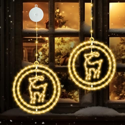 JORETLE LED Doppelrunde 2 Elch weihnachtsdeko fenster, Warmweiß Lichtervorhang weihnachtsbeleuchtung mit Saugnäpfe,Timer,Batteriebetrieben,für Weihnachten Deko, Balkon, Party, Hochzeit (2 Stück) von JORETLE