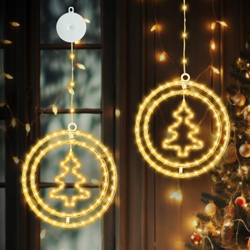 JORETLE LED Doppelrunde Weihnachtsbaum weihnachtsdeko Fenster, Warmweiß Lichtervorhang weihnachtsbeleuchtung mit Saugnäpfe,Timer,Batteriebetrieben,für Weihnachten Deko, Balkon, Party (2 Stück) von JORETLE