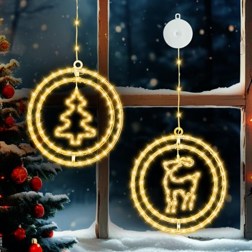 JORETLE LED Doppelrunde Weihnachtsdeko Fenster, Warmweiß Lichtervorhang Weihnachtsbeleuchtung Mit Saugnäpfe,Timer,Batteriebetrieben,Für Weihnachten Deko, Balkon, Party (2 Stück,Weihnachtsbaum,Elch) von JORETLE