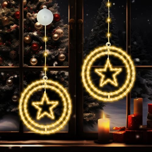 JORETLE LED Doppelrunde weihnachtsdeko fenster, Warmweiß Lichtervorhang weihnachtsbeleuchtung mit Saugnäpfe,Timer,Batteriebetrieben,für Weihnachten Deko, Balkon, Party, Hochzeit (2 Stück,Stern) von JORETLE