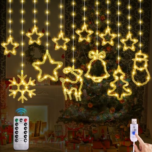 JORETLE LED Lichterkette Sterne Strom,12 Sterne Weihnachtsdeko Innen Lichtervorhang 144LED 8 Modi und Timer,Fernbedienung,Weihnachtsbeleuchtung Außen für Weihnachten Deko, Balkon, Party (Warmweiß) von JORETLE