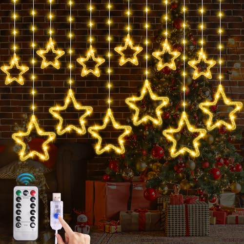 JORETLE Lichterkette Sterne Strom,144 LED Weihnachtsbeleuchtung Fenster,Fenster Lichterkette mit 12er Sterne, 8 Modi und Timer,Fernbedienung,Lichterkette Innen Sterne für Weihnachtsdeko (Warmweiß) von JORETLE