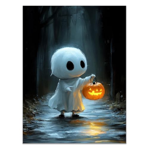 JOSUE Gold, weiß Halloween Bilder Leinwand Modern, Geister-Kürbis Bilder Wanddekoration Wohnzimmer Schlafzimmer Wanddeko-40x60cm Ungerahmt von JOSUE