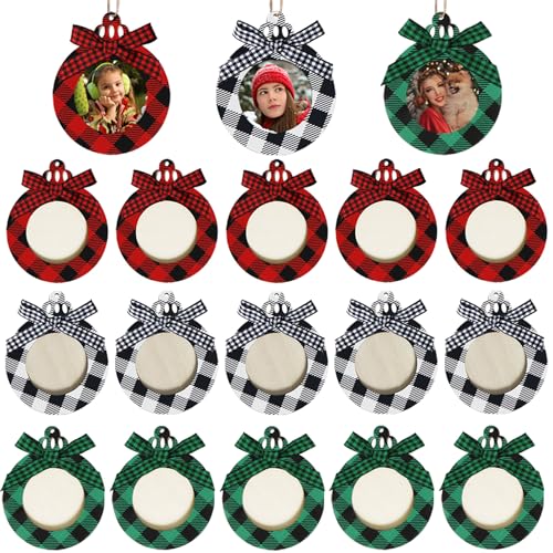 JOTFA 15 Stück Weihnachten Ornament Bilderrahmen Holz Weihnachten Büffel Plaid Bilderrahmen Ornamente mit Schleifen Hängende Ornamente für Weihnachtsbaumschmuck von JOTFA