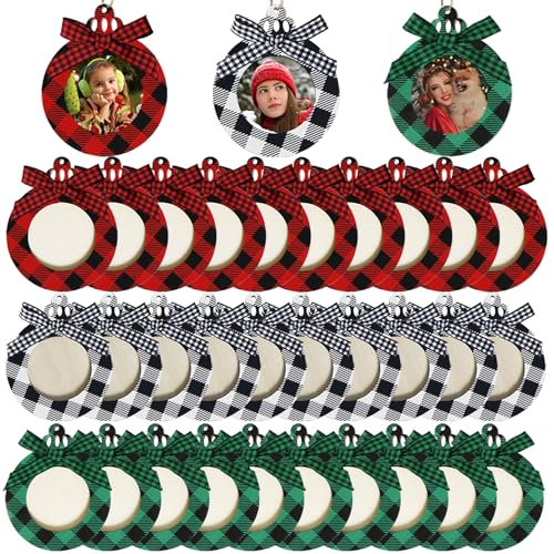 JOTFA 30 Stück Weihnachten Ornament Bilderrahmen Holz Weihnachten Büffel Plaid Bilderrahmen Ornamente mit Schleifen Hängende Ornamente für Weihnachtsbaumschmuck von JOTFA