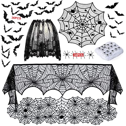 Halloween Tischdecke Deko, Halloween Tischdeko Spinnennetz Rechteckige Kamin Schal Runde Tischdecke mit 36 Stück 3D Fledermaus Wandaufkleber, Halloween Deko für Wohnzimmer Esszimmer Kamin von JOTOL