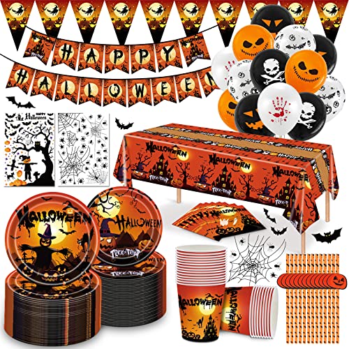 JOTOL Halloween Tableware Set,180pcs Halloween Partygeschirr Set,Halloween Geschirr Set für 25 Gäste,Deko Geschirr Set hat 7-9 Zoll-Essteller,Pappbecher,Aufkleber,Stroh und Ballon von JOTOL