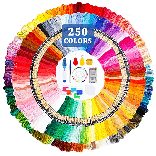 JOTOL Stickgarn,250 Farben Embroidery Floss,Farben Stickgarn Kreuzstich Faden mit Einfädlern, Faden Karten, Fingerhut, Nahttrenner und Nähnadeln von JOTOL