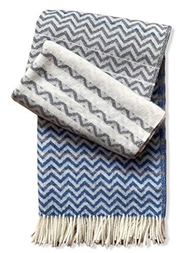 JOWOLLINA Jacquard Plaid Zig-Zag-Welle 100% feine Norwegische Wolle (blau/grau, 130x180 cm) von JOWOLLINA