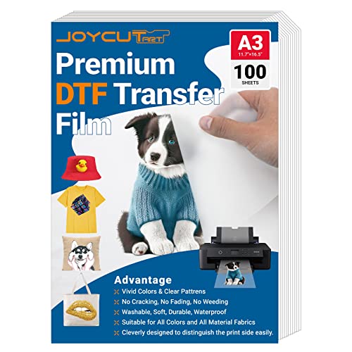 JOYCUT DTF Transferfolie – A3 (29 x 41 cm), 100 Blatt, doppelseitig, mattes Finish, DTF-Folie für Sublimations- und DTF-Tintenstrahldrucker, direkt auf Film-Transferpapier für T-Shirts, JC A3, 100 von JOYCUT ART