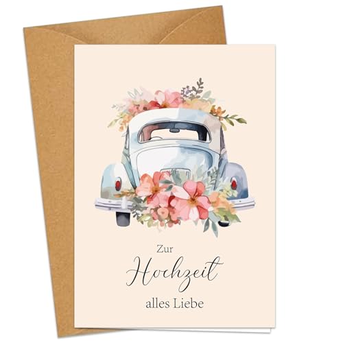 Hochzeitskarte mit Auto - A6 Klappkarten Aquarell Karte Hochzeit - Premium Glückwunschkarte zur Hochzeit mit Umschlag von JOYEASE