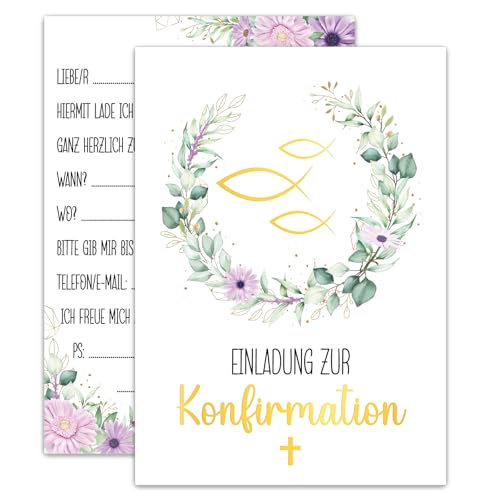 JOYEASE 12x Einladungskarten Konfirmation DIN A6 - Einladung Konfirmation Jungen und Mädchen - Motiv Fisch Kreuz Eukalyptus von JOYEASE