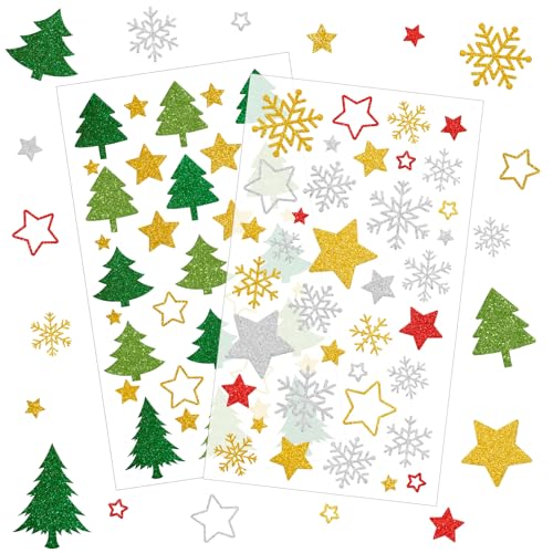 JOYEASE Sticker Weihnachten, 288 Bunt Weihnachtssticker Selbstklebend, Glitzer Stern Schneeflocken Weihnachtsbaum Aufkleber Weihnachtsdeko für Karten Geschenke Basteln, Größe 14x24cm von JOYEASE