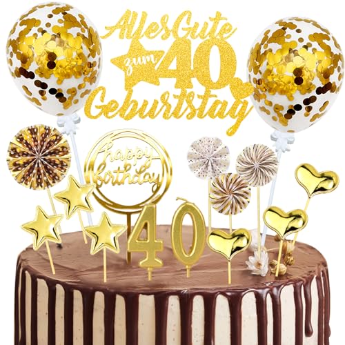 Tortendeko 40 Geburtstag Männer Frauen, 20 Stück Gold Kuchendeko Cake Topper 40. Geburtstag Deko, Glitzer Alles Gute zum 40 Geburtstag mit Geburtstagskerzen Konfetti Luftballons Papierfächer von JOYEASE