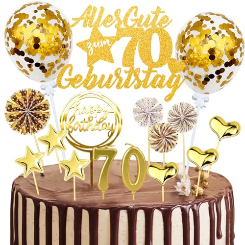 Tortendeko 70 Geburtstag Mann Frau, 20 Stück Gold Kuchendeko Cake Topper 70. Geburtstag Deko, Glitzer Alles Gute zum 70 Geburtstag mit Geburtstagskerzen Konfetti Luftballons Papierfächer von JOYEASE