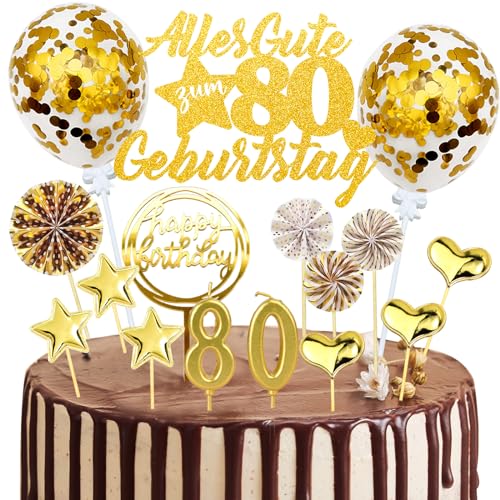 Tortendeko 80. Geburtstag Mann Frau, 20 Stück Gold Kuchendeko Cake Topper 80 Geburtstag Deko, Glitzer Alles Gute zum 80 Geburtstag mit Geburtstagskerzen Konfetti Luftballons Papierfächer von JOYEASE