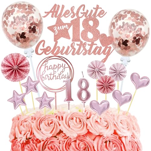 Tortendeko 18 Geburtstag Mädchen, 20 Stück Cake Topper Deko Torte, Glitzer Alles Gute zum 18 Geburtstag mit Geburtstagskerzen für 18. Geburtstag Mädchen Party Deko(Roségold) von JOYEASE