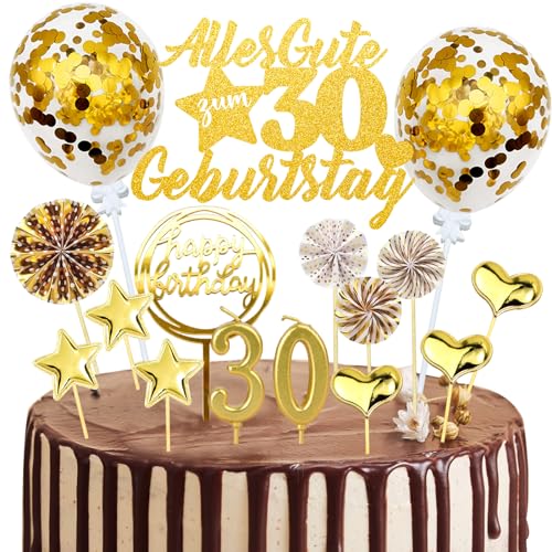 Tortendeko 30 Geburtstag Frauen Männer, 20 Stück Gold Kuchendeko Cake Topper 30. Geburtstag Deko, Glitzer Alles Gute zum 30 Geburtstag mit Geburtstagskerzen Konfetti Luftballons Papierfächer von JOYEASE