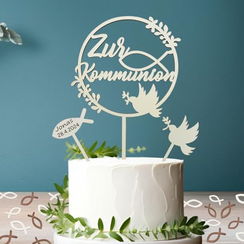 Tortendeko Kommunion, 3 Stück Cake Topper Kommunion + 48 Stück Holz Fische Streudeko Tischdeko, Kommunion Kuchen Deko Torte Tortenstecker Set für Erstkommunion Deko Junge Mädchen von JOYEASE