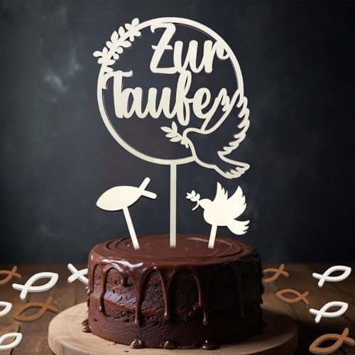 Cake Topper Taufe, Zur Taufe Cake Topper + 48 Holz Fische Streudeko Tischdeko Taufe, Tortendeko Taufe, Taufe Deko Mädchen Junge von JOYEASE