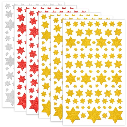 Weihnachts Sticker Sterne Set, 558 Glitzer Sterne Sticker Aufkleber Weihnachten, Weihnachtssticker Selbstklebend Weihnachtsdeko für Basteln, Briefe und Geschenke(Gold, Rot, Silber) von JOYEASE