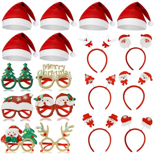 JOYEONDEF 18 Stück Weihnachten Accessoires, 6 Stück Haarreifen Weihnachten, 6 Stück Weihnachtsmützen, 6 Stücke Weihnachten Brillen Rahmen, Lustig Weihnachtsbrillen, Weihnachten Party Dekoration von JOYEONDEF