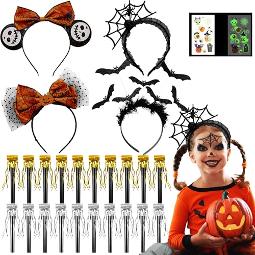 JOYEONDEF Halloween Haarreifen Set mit Lufttröte Pfeife und Fluoreszierender Aufkleber, Spinnennetz Stirnband Fledermaus Haarschmuck Kürbis Spinnen Haarschmuck Halloween Stirnband Kürbis von JOYEONDEF