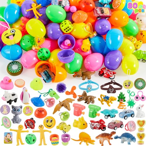 80 Packungen vorgefüllte Ostereier mit Spielzeugen und Aufklebern, 6 cm, 80 bunte Ostereier für Osterkörbchen, Osterparty-Gastgeschenke, Ostereiersuche, Klassenzimmer-Events von JOYIN