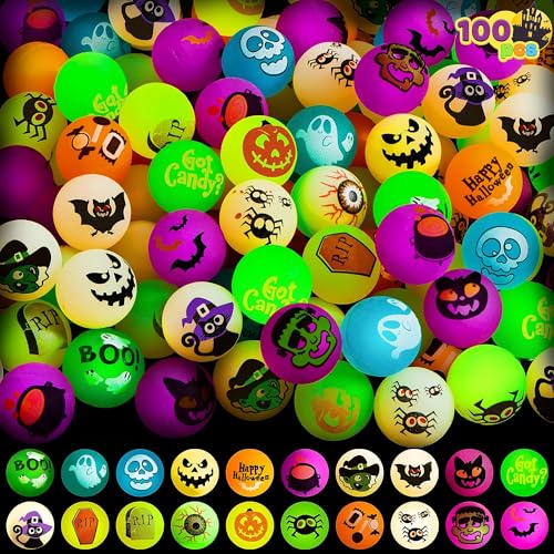 JOYIN 100 Stück Halloween Flummi Im Dunkeln leuchtende Springende Bälle 32mm Gummiball Springball Hüpfball für Halloween Party Mitgebel Spielzeug Geschenk Süßes oder Saures von JOYIN