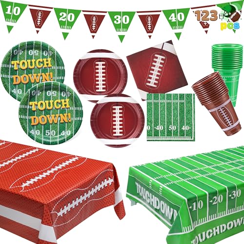 JOYIN 123-teiliges Fußball-Partyzubehör-Set, Fußballteller und Servietten, 24 Stück, inklusive Banner, Tassen und Touchdown-Tischdecken für Fußball-Party-Dekorationen, Partygeschirr von JOYIN