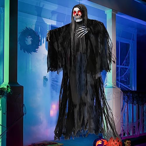 JOYIN 150 cm Halloween animierte hängende Sensenmann-Dekorationen mit leuchtenden Augen und gruseligem Sound, Halloween Skelett Geist Dekorationen für Spukhaus Requisiten Dekor, von JOYIN