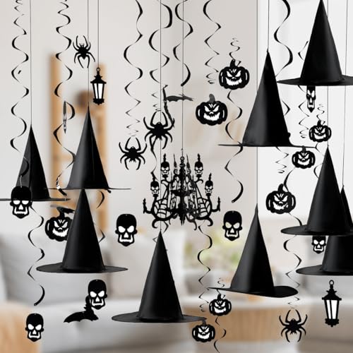 JOYIN 27 Pcs Halloween Hängewirbel Dekorationen und Hexenhüte, Spukhaus Kronleuchter Dekoration, Halloween Kürbis Spinnen Geist Deckenaufhängung Dekoration, Halloween Party Partyzubehör von JOYIN