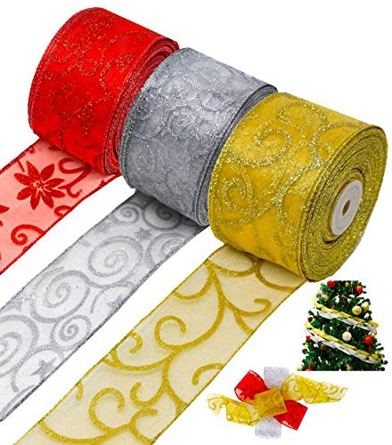 JOYIN 3 Rollen Dick Weihnachtsband, 91 Meter Glitter Wirbel Schleifenband Geschenkband für Weihnachtensdeko, Hochzeit, Geschenkverpackung, Haarclips, Geschenkschleifen, Tischdeko, Basteln von JOYIN