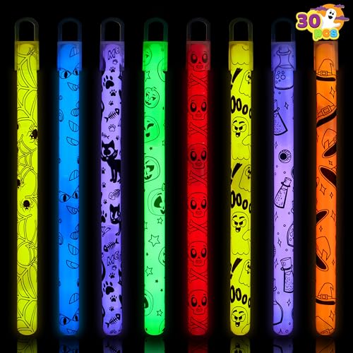 JOYIN 30 Pcs Halloween Assorted Glow Stick Hanging Wands in 8 verschiedenen Mustern und 6 Farben für Halloween Party Favors Halloween Party Supplies Glow in The Dark Halloween Fillers 20.32cm von JOYIN