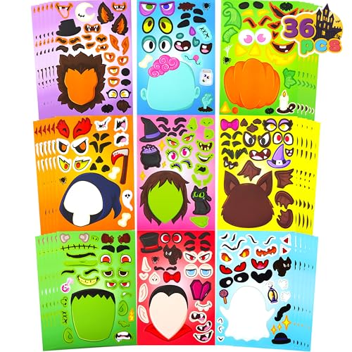 JOYIN 36 Stück Gestalte EIN Gesicht Halloween-Aufkleberbögen zum Selbermachen, Mix and Match Stickerbögen mit 6 verschiedenen Designs, Vampir, Hexe, Geist und mehr, Kinderpartyzubehör, Bastelzubehör von JOYIN