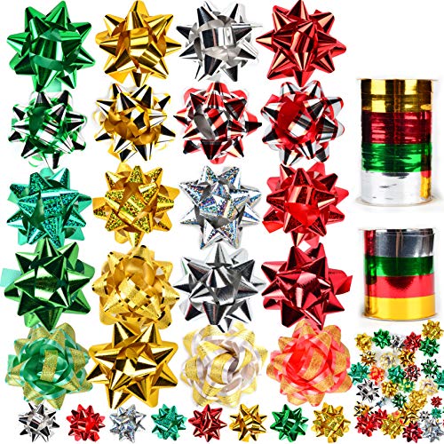 JOYIN 48 Stück Selbstklebende Geschenkschleifen mit 8 Rollen Metallische Geschenkbänder für Weihnachtsdeko, Weinflaschen Geschenkverpackung, Hochzeit und Geburtstag von JOYIN