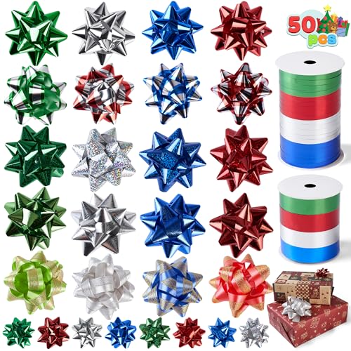 JOYIN 48-teiliges Geschenkschleifen-Sortiment mit 8 Rollen Geschenkband, Mehrfarbig, sortierte Größe, Selbstklebende Weihnachtsschleifen und Kräuselbänder für Geschenkverpackungen von JOYIN