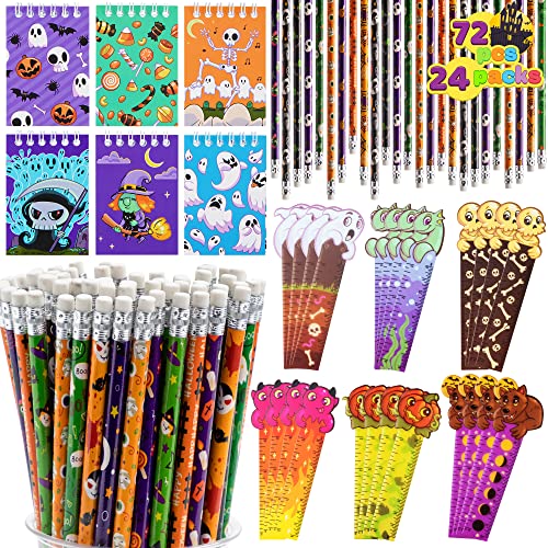 JOYIN 72 pcs Halloween Assortiert Schreibwaren Set, 24 Packs Halloween-Thema Bleistifte, Lineale und Notizblöcke Party Favor Set für Kinder Klassenzimmer, Geschenk, Süßes oder Saures Goodie Bag Filler von JOYIN