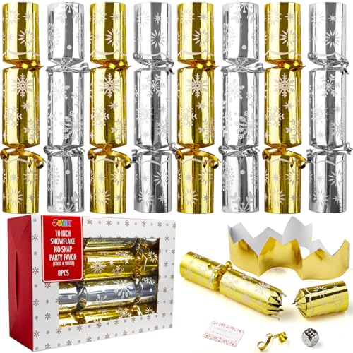 JOYIN 8 Pack Xmas No Snap No Popping Party Tisch Gunst mit Gold & Silber Schneeflocke Design, mit Party Hut, Witz & kleines im Inneren, für Xmas von JOYIN