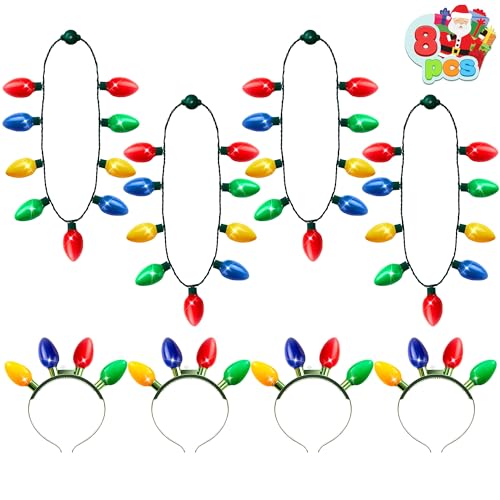 JOYIN 8 Stück Weihnachts-Licht-Stirnband und Halskette mit 6 Blinkmodi, LED-Weihnachtsbeleuchtung, Glühbirne, Halskette, Haarband für Kinder, Damen, Herren, Weihnachtsparty-Zubehör, Zubehör. von JOYIN