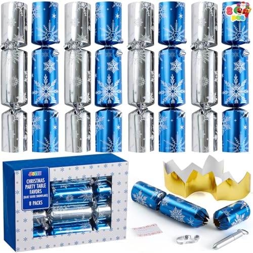 JOYIN 8 Stück Weihnachts-Partygeschenke mit blauen und silbernen Schneeflocken-Design, kein Schnappverschluss, Party-Tischgeschenke mit Papierhut, Witzen und Geschenk für Weihnachtsfeiern, Abendessen von JOYIN